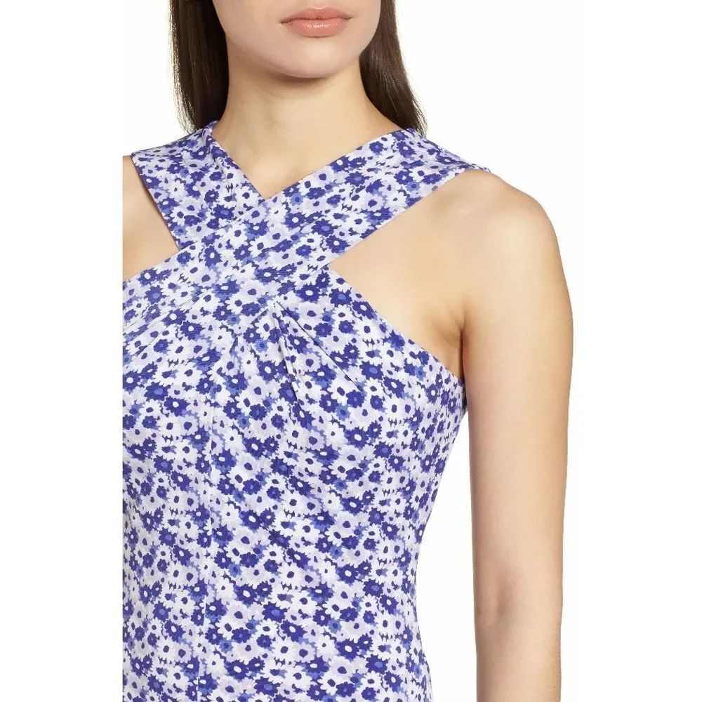 New! MICHAEL KORS Floral Print Criss-Cross Neck Dress Size Large Purple White - Picture 4 of 6